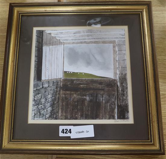 Colin Smithson, watercolour, Stable door and field, signed, 21 x 21cm